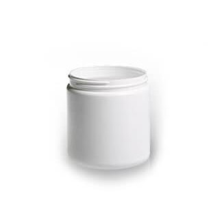 A white, wide mouth plastic jar, a reliable packing solution for a wide range of products.