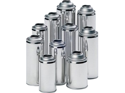 A variety of sizes of aerosol cans made from aluminum and tinplate, used to package personal care items, household cleaners, automotive products, and industrial sprays.