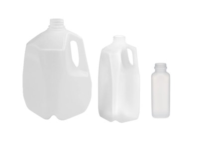 Three sizes and shapes of HDPE dairy & juice bottles, used in beverage and cream packaging.