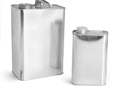 Examples of F-style and oblong metal containers, used for packaging chemicals, solvents, oils, and automotive products.