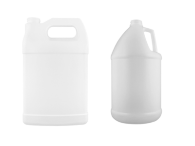 Examples of industrial round and F-style bottles, used for storing and transporting chemicals, lubricants, and other heavy-duty liquids.