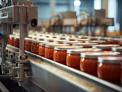 Food processing plant packaging food into food-grade glass jars.