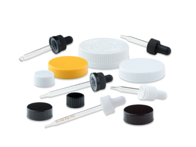 Display of various sizes and types of glass droppers used as closures in packaging pharmaceuticals, essential oils, tinctures, and cosmetic products.