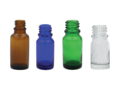 Various types and sizes of Euro round glass bottles used in packaging oils, pharmaceuticals, cosmetic products, and gourmet food products.