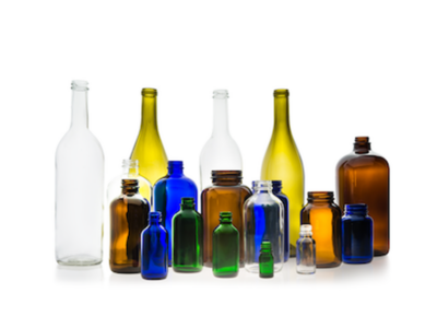 Various types and sizes of glass bottle containers used for packaging beverages, pharmaceuticals & nutraceuticals, cosmetics, and food items.