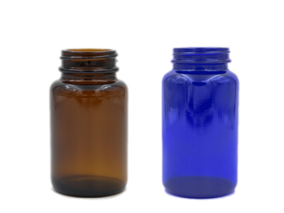 Two wide mouth glass packers used to package pharmaceuticals, vitamins, supplements, and a variety of other products that require a wide opening for easy access.