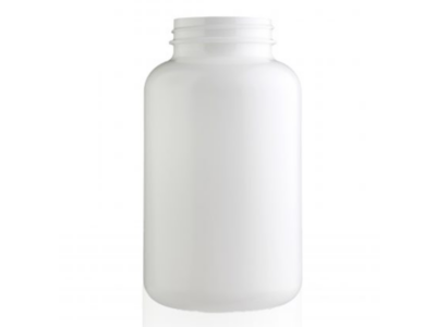 A white HDPE bottle used for packaging chemicals, pharmaceuticals, and personal care items.