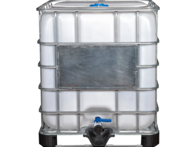 An IBC plastic tote, used for large-scale storage and transportation of liquids and bulk materials across various industries.