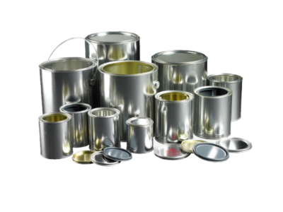 Various sizes of tinplate and steel paint cans.