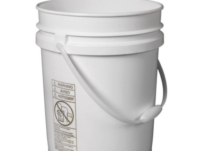 White open-top plastic pail, designed for storing and transporting bulk materials, food, chemicals, and other heavy-duty products.