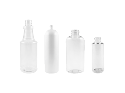 4 plastic PET bottles in various shapes and sizes.