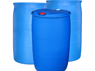 Three blue poly drums designed for reliable storage and transportation solutions for liquids and bulk materials across a variety of industries.