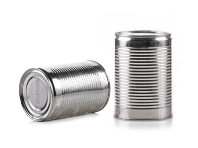 Two sanitary food tin cans, designed for safe and reliable packaging of food products.