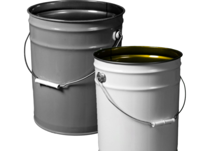 Two metal open top pails, designed to provide reliable packaging for a variety of industrial and commercial uses.