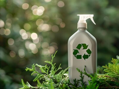 A plastic spray bottle with a recycling logo indicating sustainable packaging.